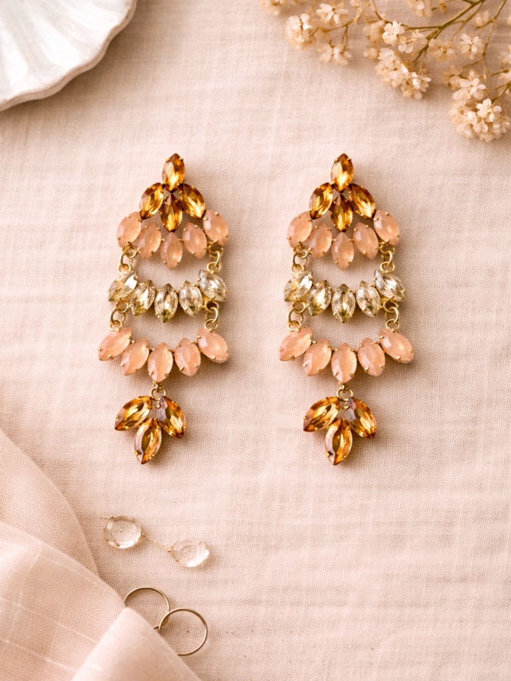 Brazilian Statement Chandelier Earrings • Peach & Champagne Crystal • Gold Tone